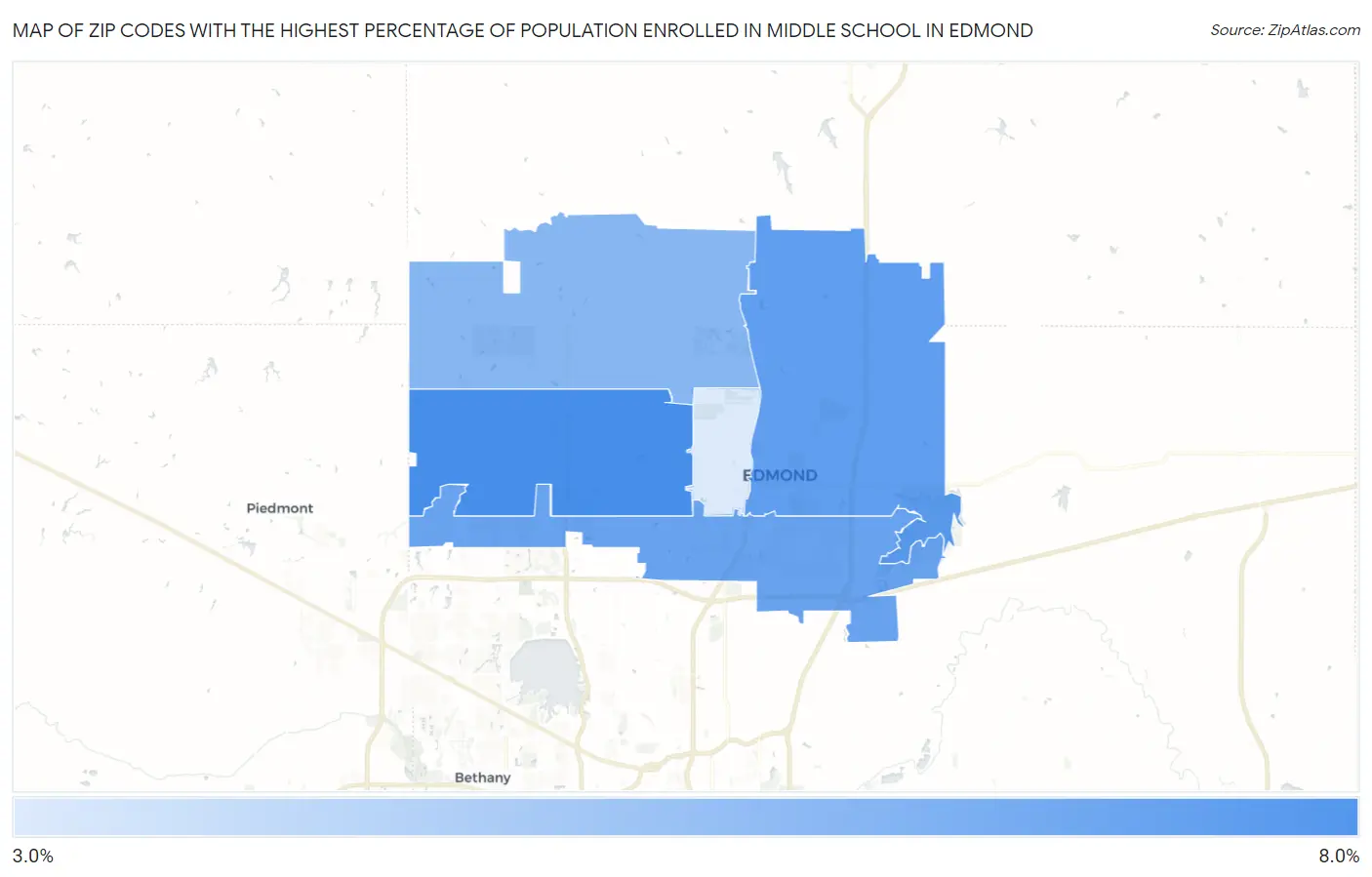 Zip Codes with the Highest Percentage of Population Enrolled in Middle School in Edmond Map