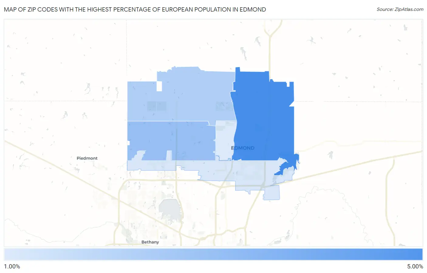 Zip Codes with the Highest Percentage of European Population in Edmond Map