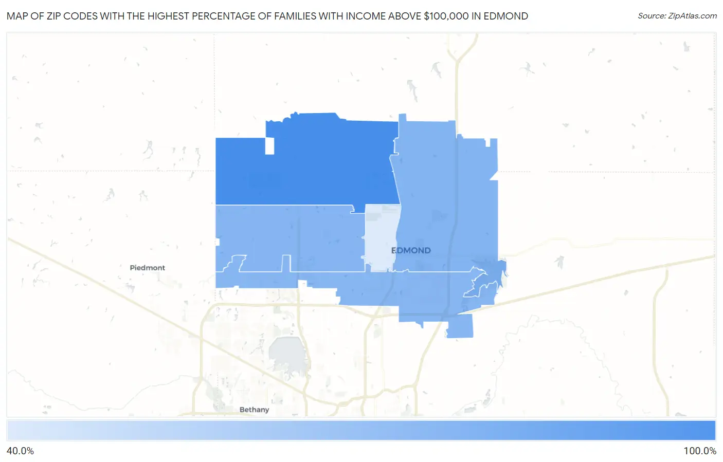 Zip Codes with the Highest Percentage of Families with Income Above $100,000 in Edmond Map