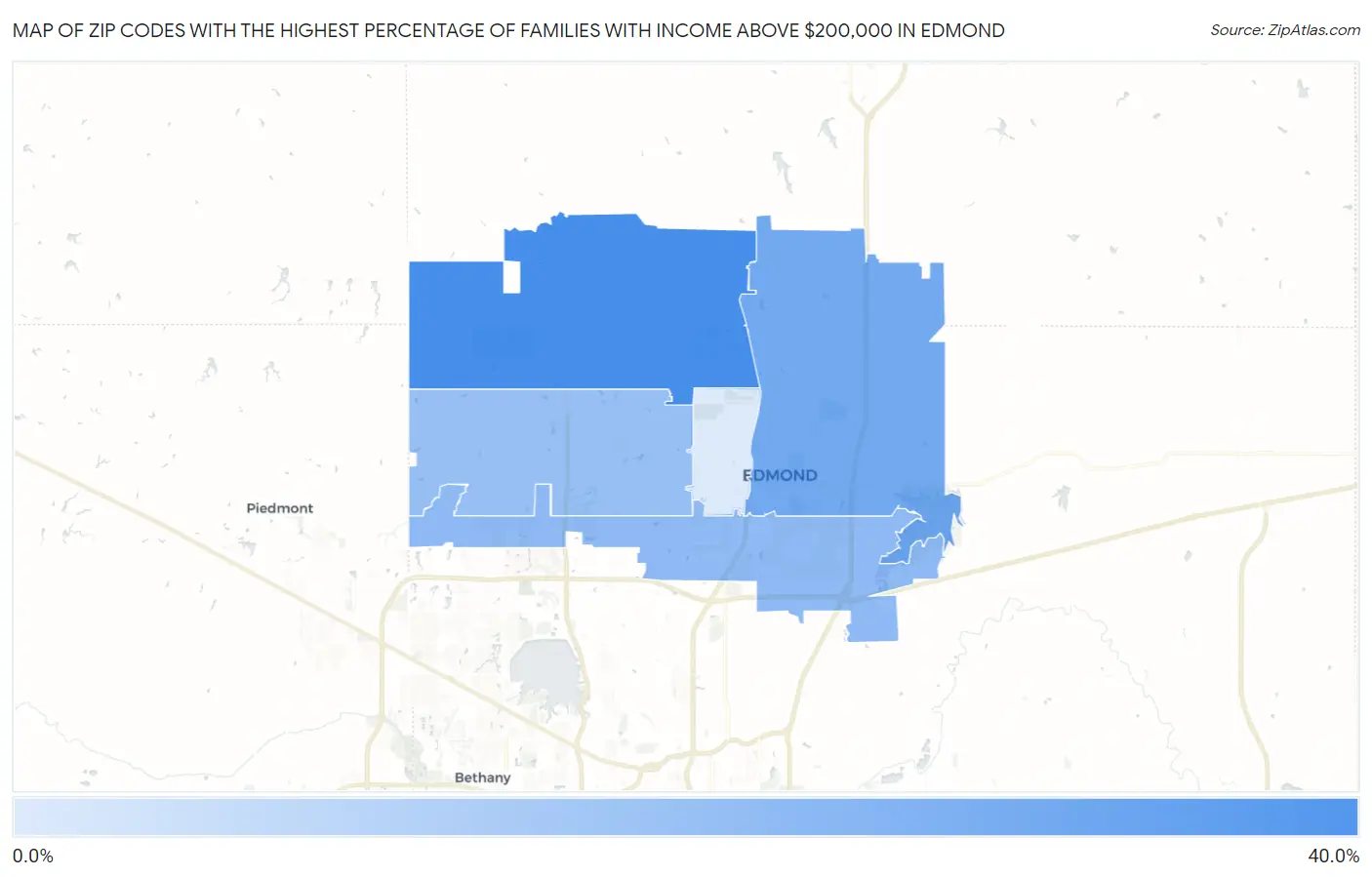 Zip Codes with the Highest Percentage of Families with Income Above $200,000 in Edmond Map
