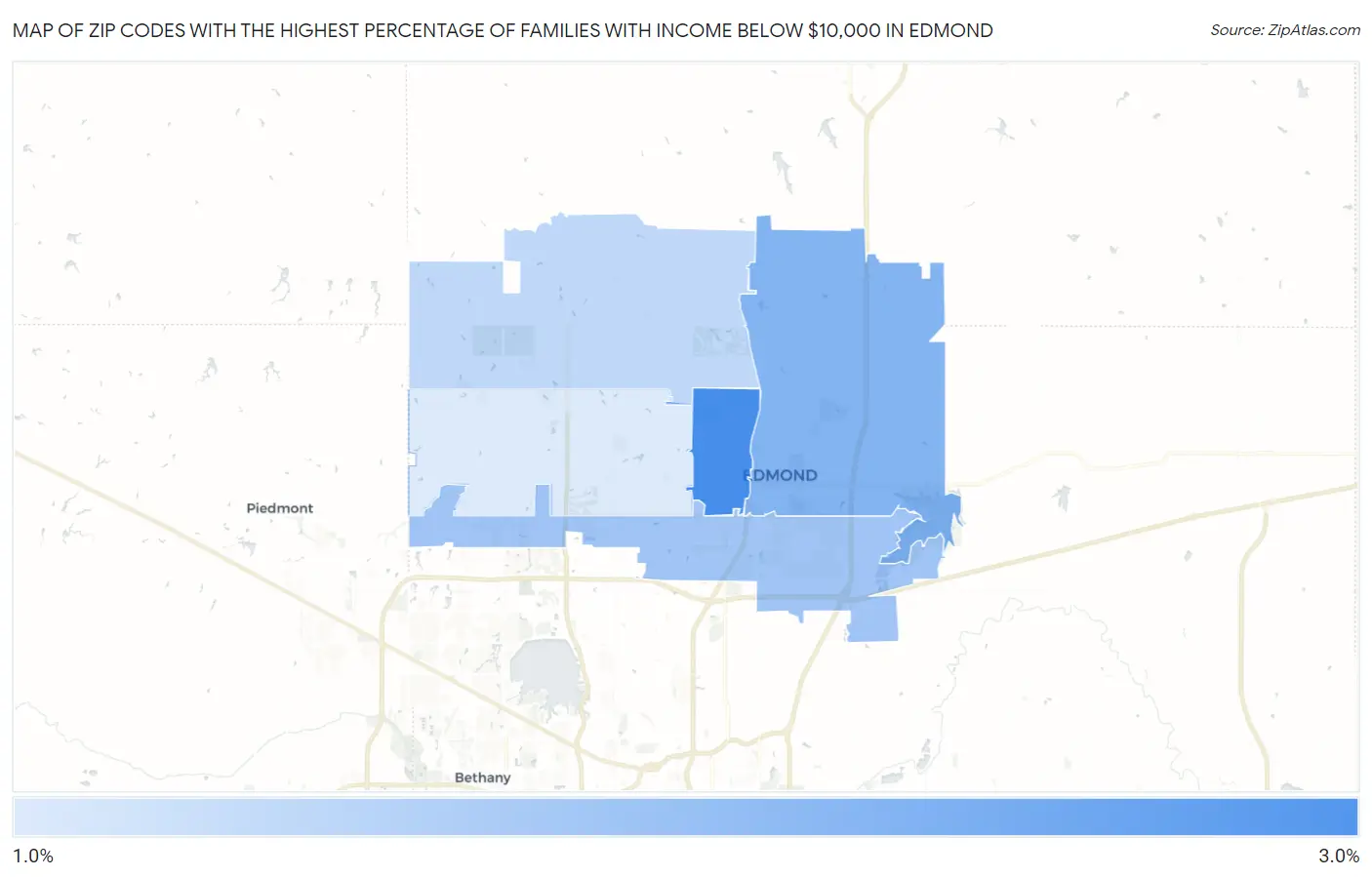 Zip Codes with the Highest Percentage of Families with Income Below $10,000 in Edmond Map