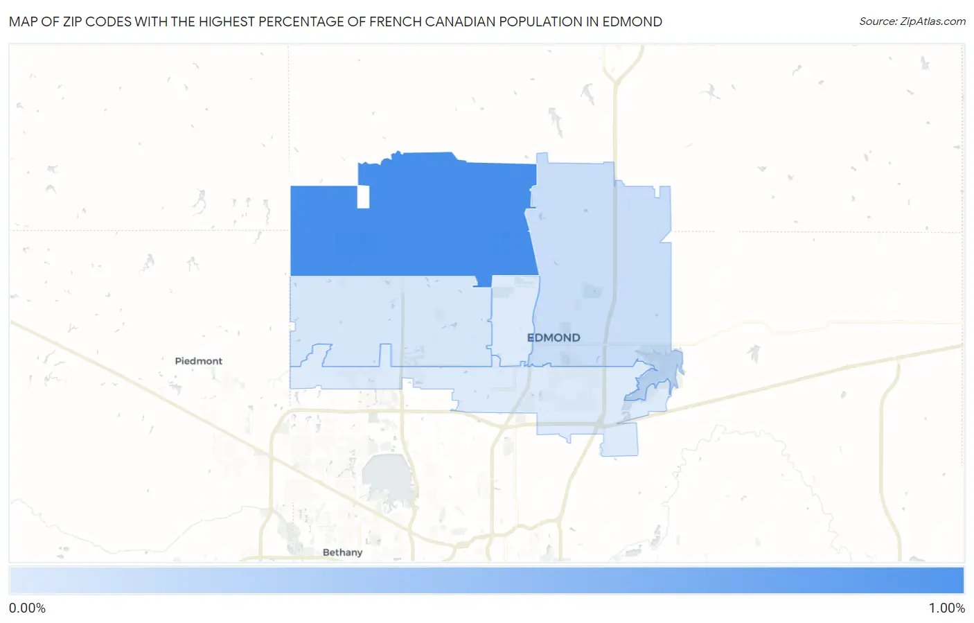 Zip Codes with the Highest Percentage of French Canadian Population in Edmond Map