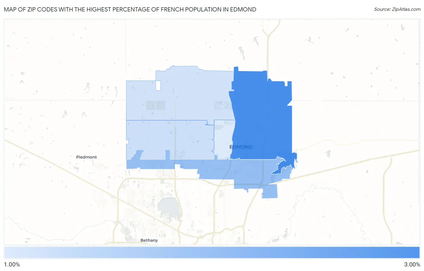 Zip Codes with the Highest Percentage of French Population in Edmond Map