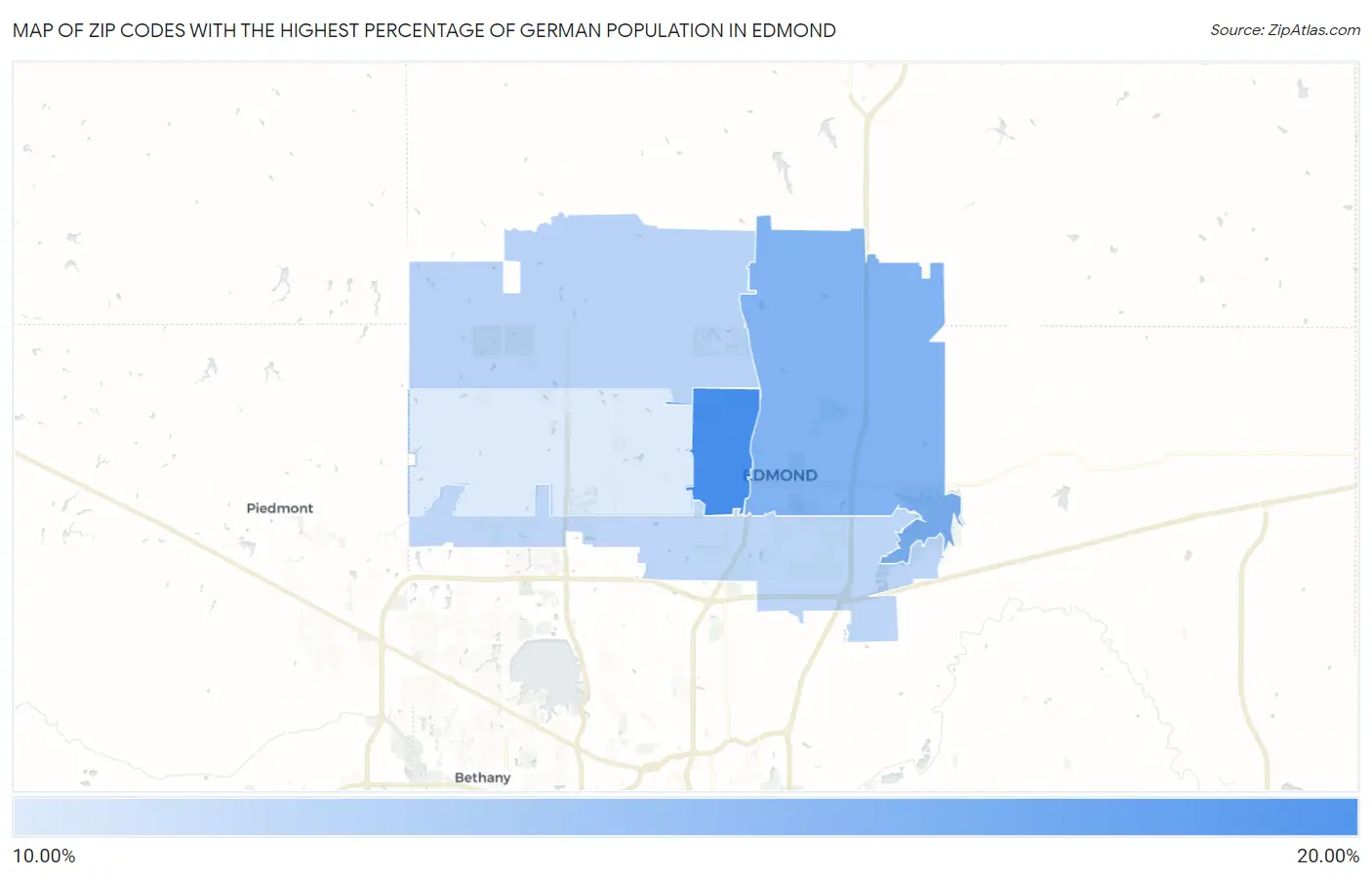 Zip Codes with the Highest Percentage of German Population in Edmond Map