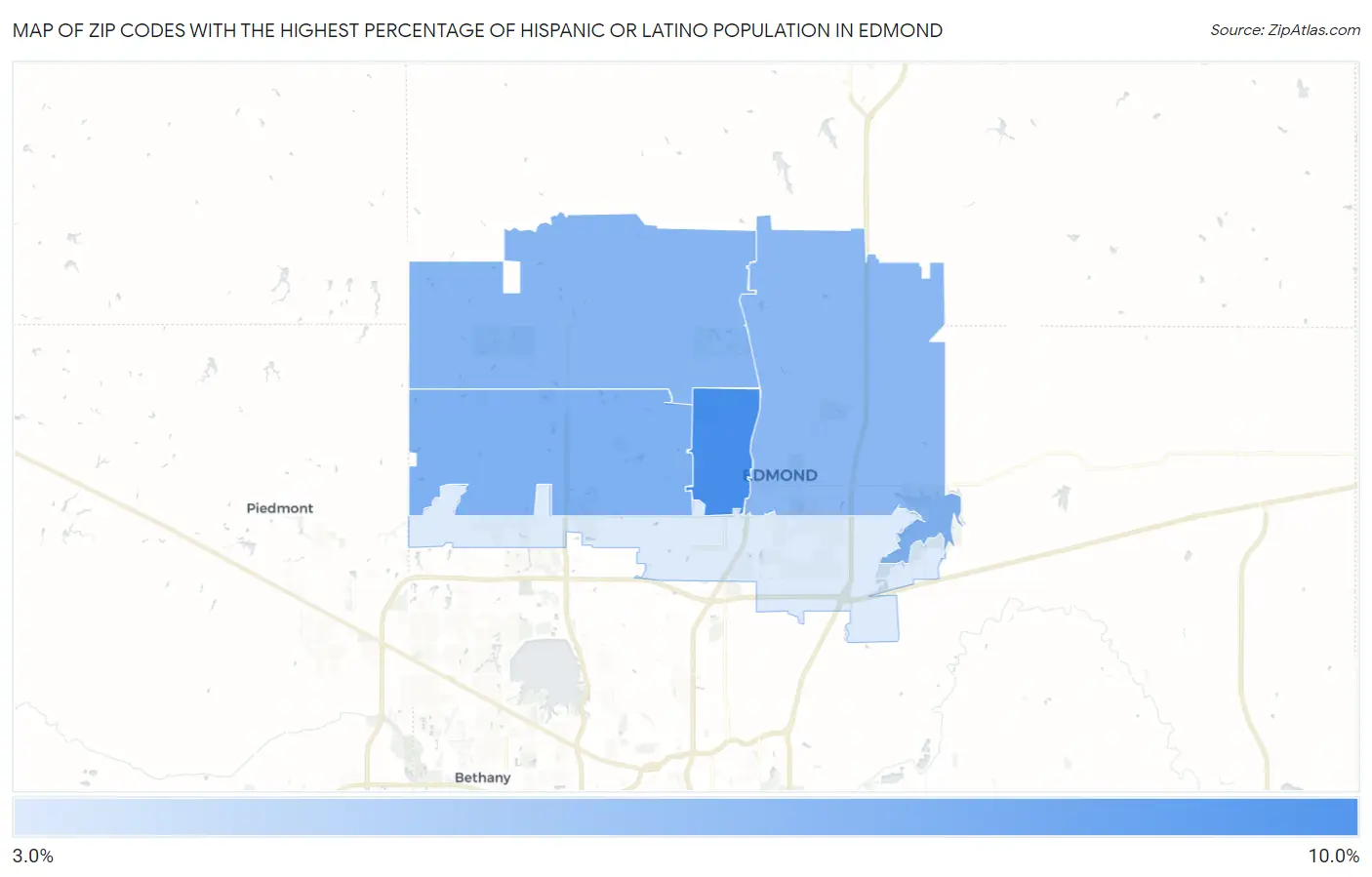 Zip Codes with the Highest Percentage of Hispanic or Latino Population in Edmond Map