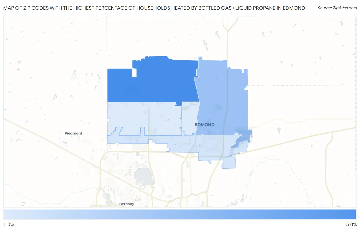 Zip Codes with the Highest Percentage of Households Heated by Bottled Gas / Liquid Propane in Edmond Map