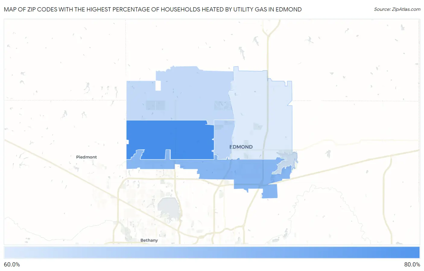Zip Codes with the Highest Percentage of Households Heated by Utility Gas in Edmond Map