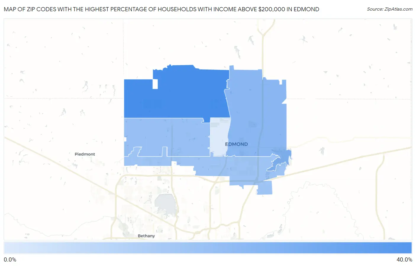 Zip Codes with the Highest Percentage of Households with Income Above $200,000 in Edmond Map