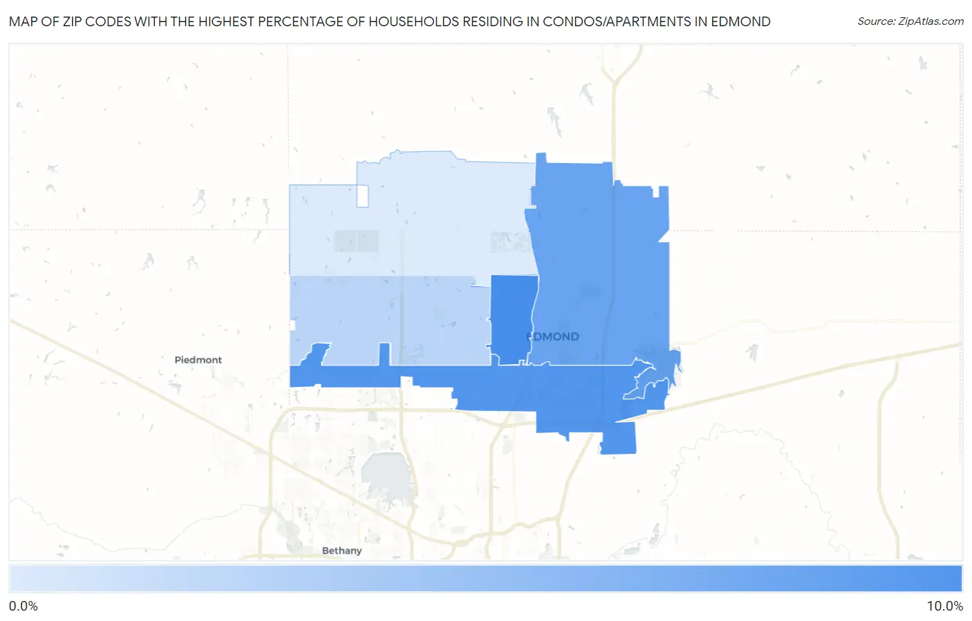 Zip Codes with the Highest Percentage of Households Residing in Condos/Apartments in Edmond Map