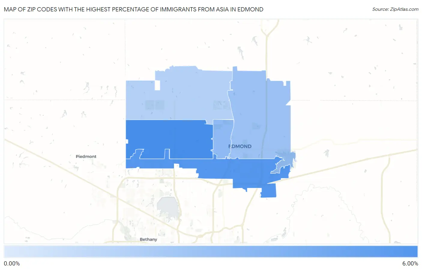 Zip Codes with the Highest Percentage of Immigrants from Asia in Edmond Map