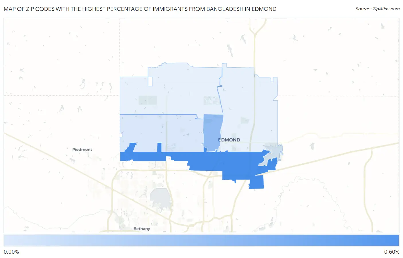 Zip Codes with the Highest Percentage of Immigrants from Bangladesh in Edmond Map