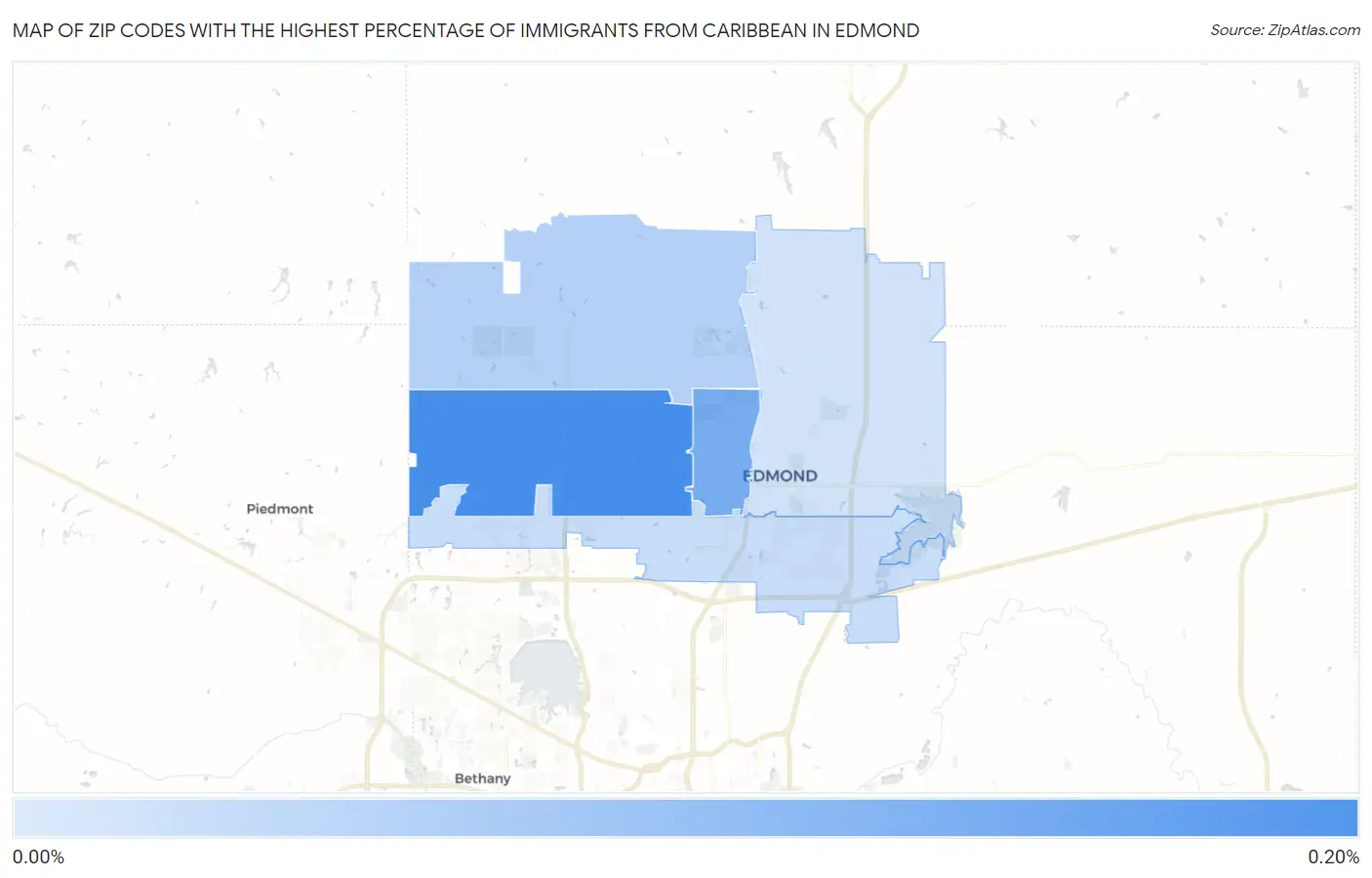 Zip Codes with the Highest Percentage of Immigrants from Caribbean in Edmond Map