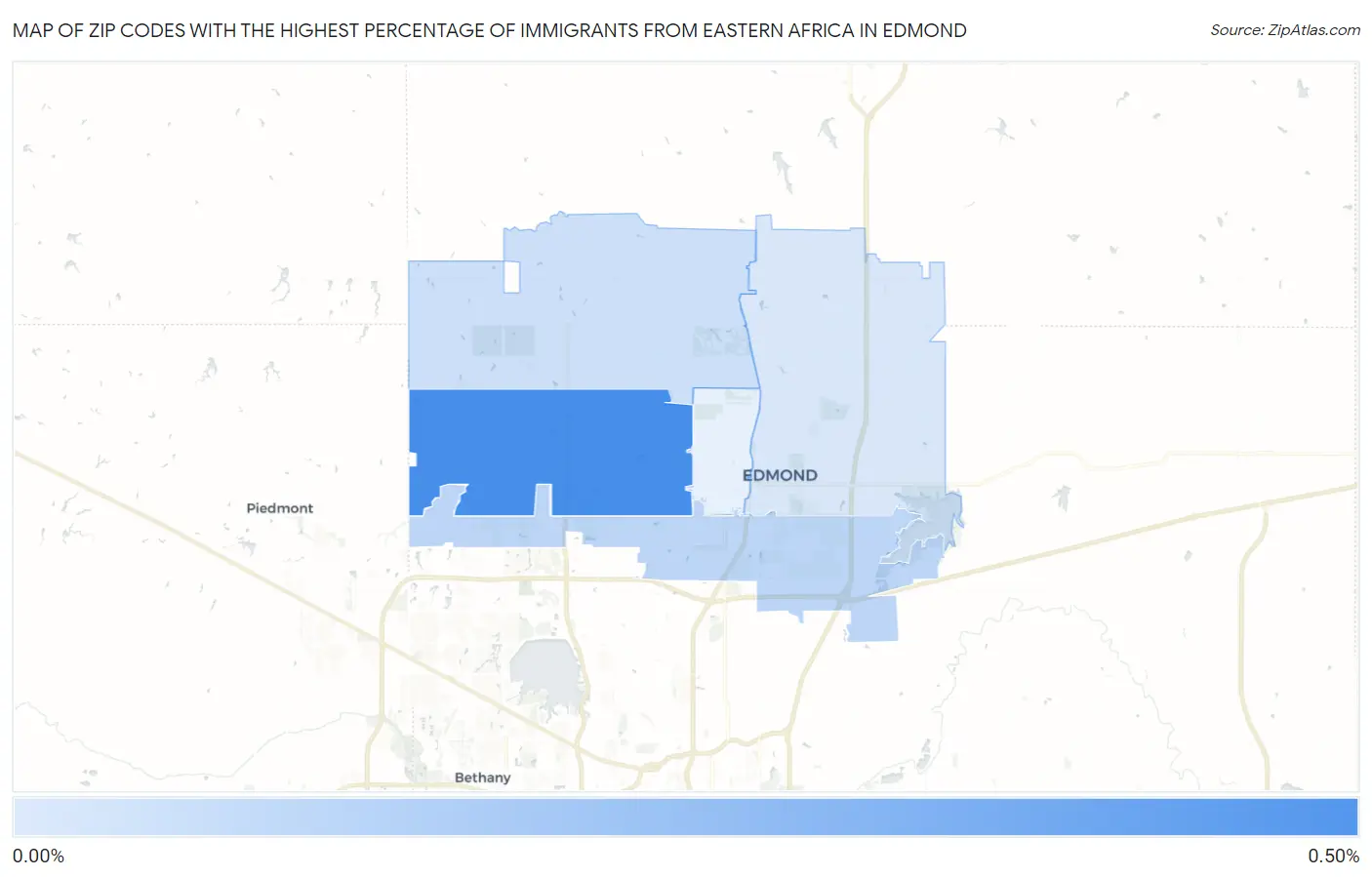 Zip Codes with the Highest Percentage of Immigrants from Eastern Africa in Edmond Map