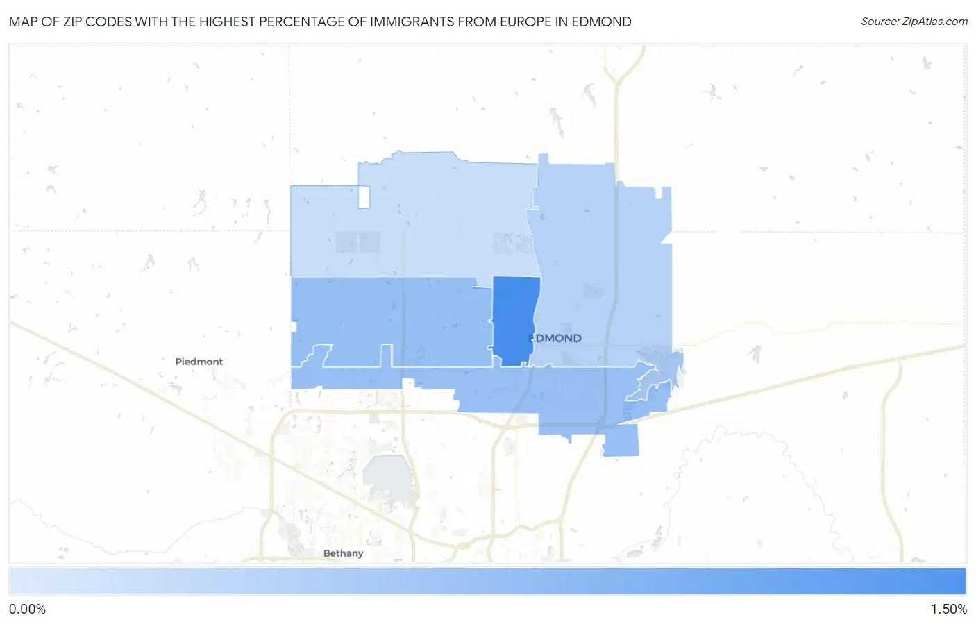 Zip Codes with the Highest Percentage of Immigrants from Europe in Edmond Map