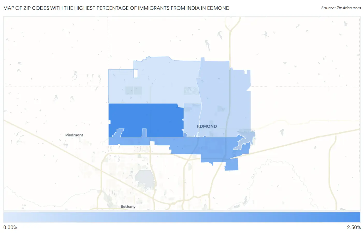 Zip Codes with the Highest Percentage of Immigrants from India in Edmond Map
