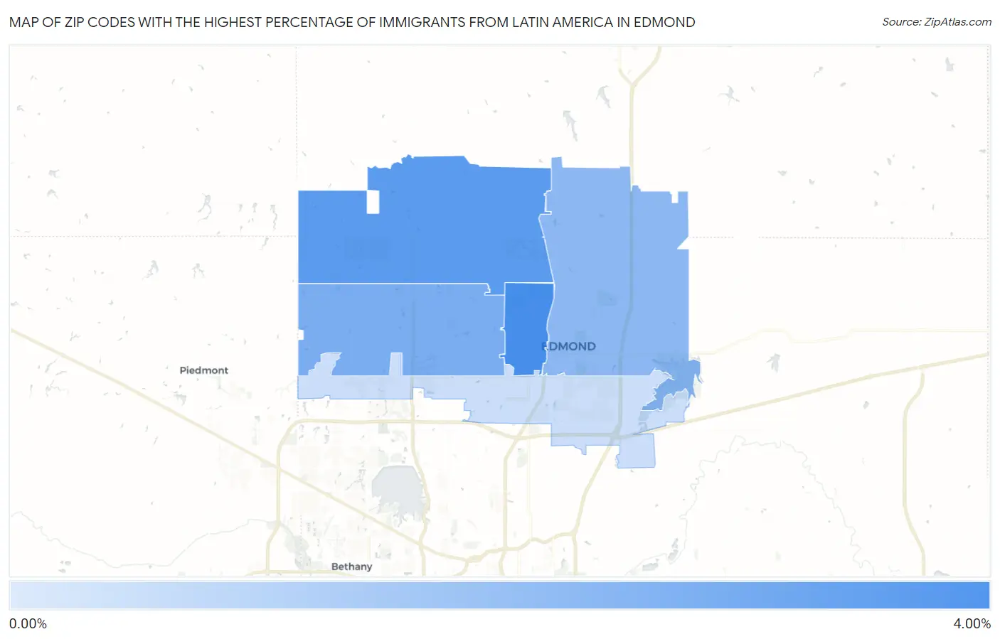 Zip Codes with the Highest Percentage of Immigrants from Latin America in Edmond Map