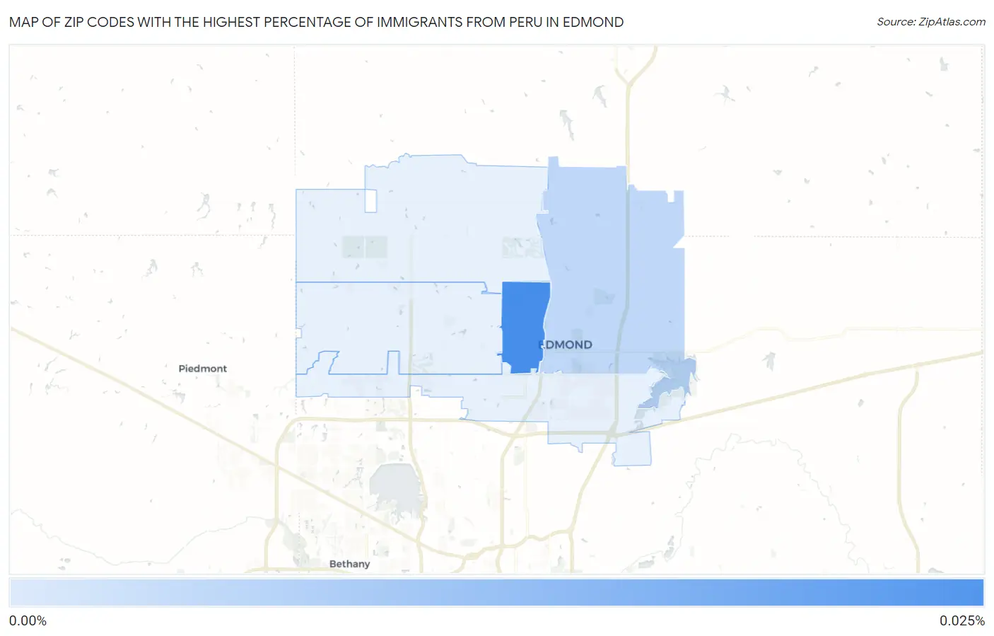Zip Codes with the Highest Percentage of Immigrants from Peru in Edmond Map