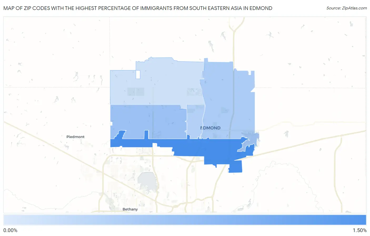 Zip Codes with the Highest Percentage of Immigrants from South Eastern Asia in Edmond Map