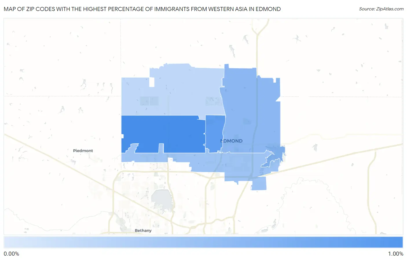 Zip Codes with the Highest Percentage of Immigrants from Western Asia in Edmond Map