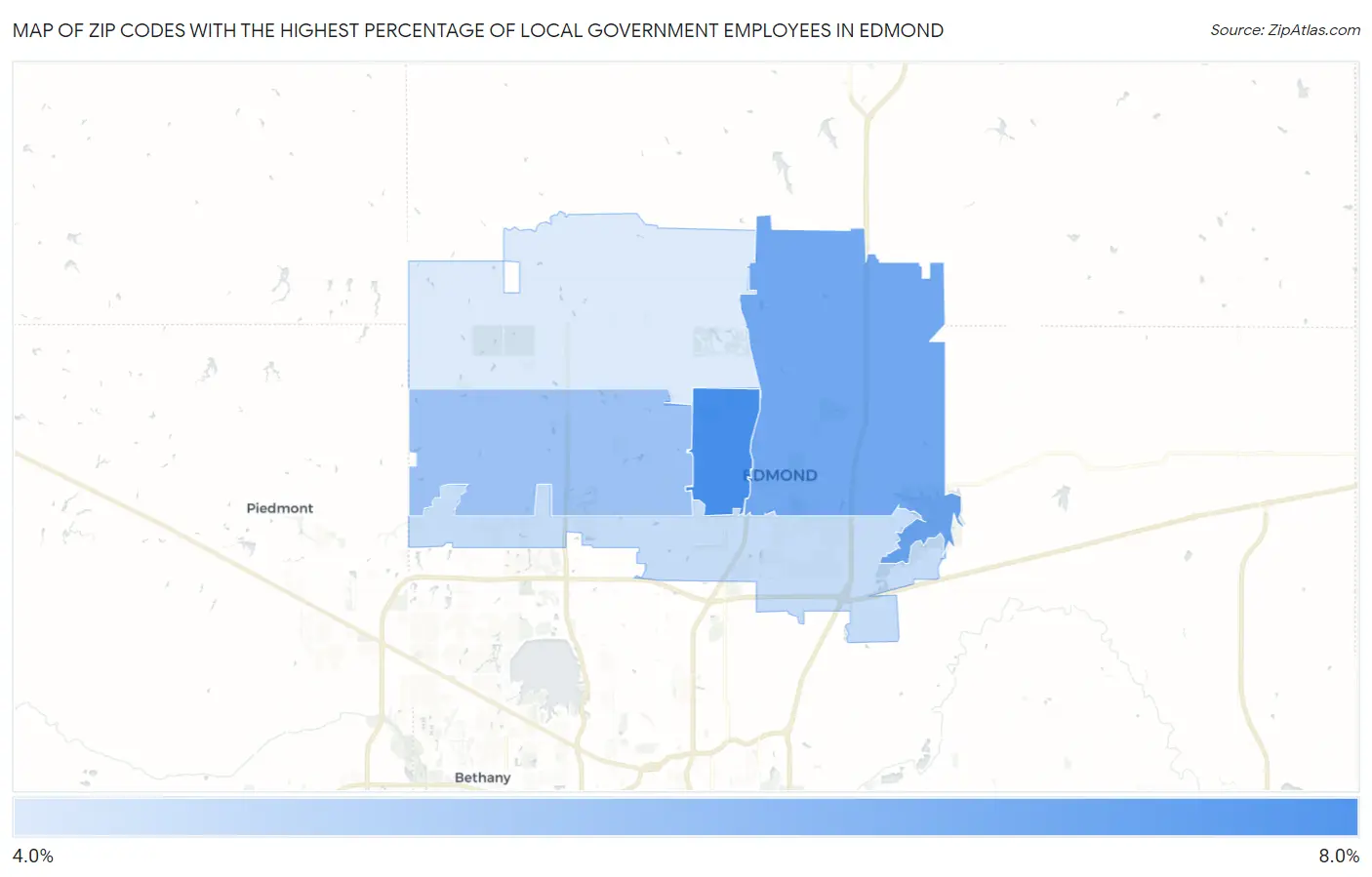 Zip Codes with the Highest Percentage of Local Government Employees in Edmond Map
