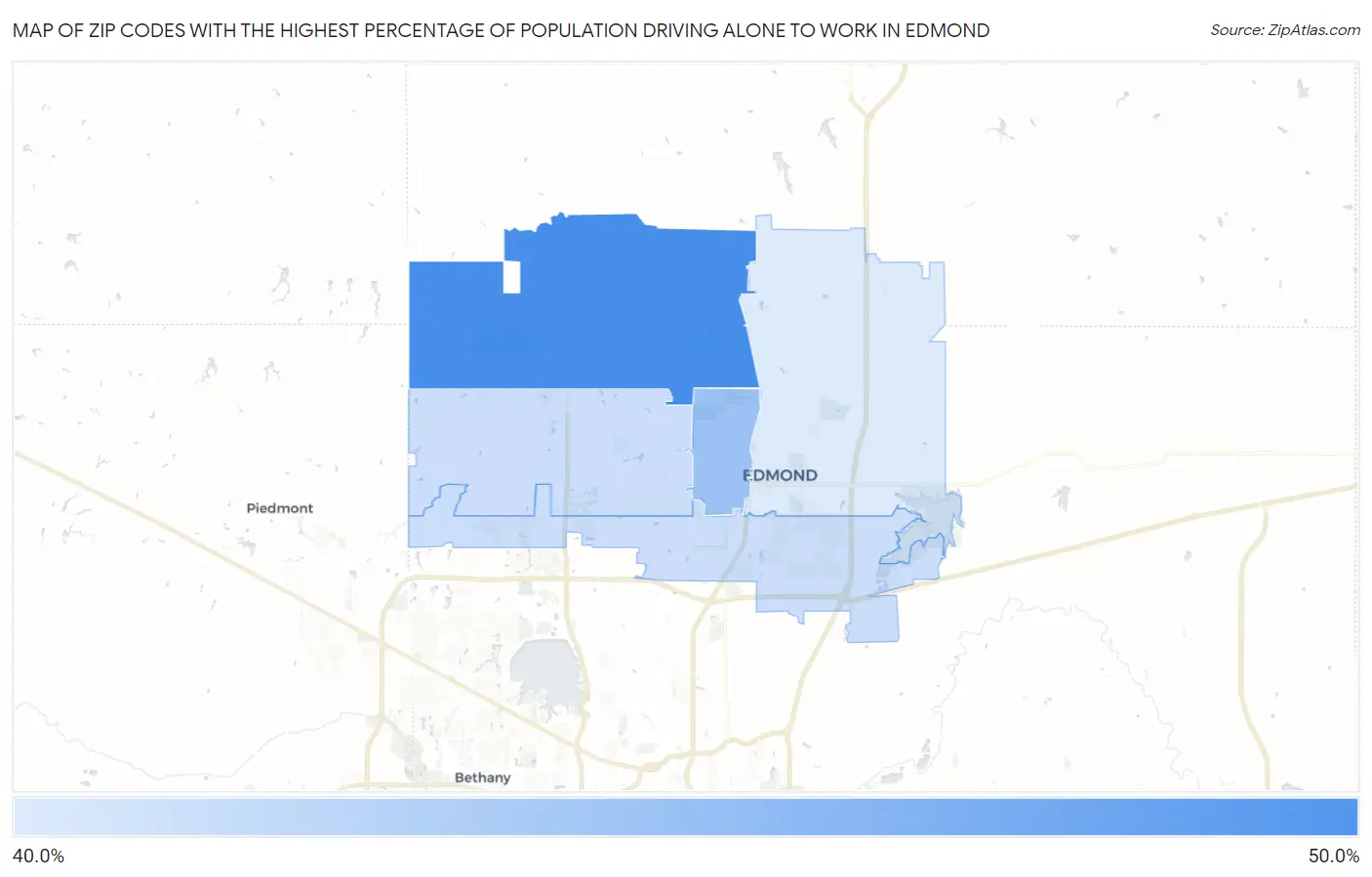 Zip Codes with the Highest Percentage of Population Driving Alone to Work in Edmond Map