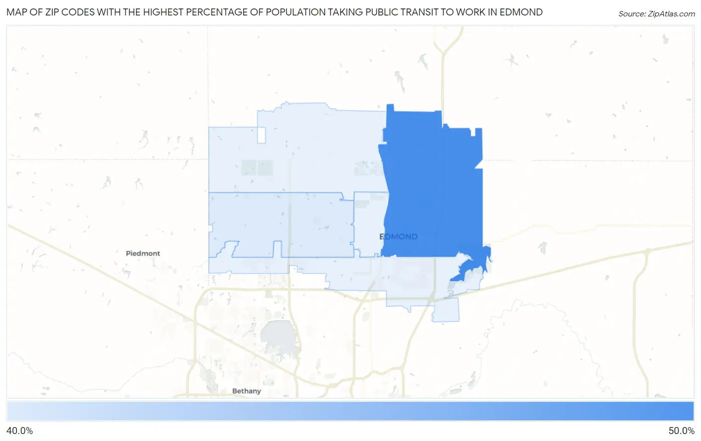 Zip Codes with the Highest Percentage of Population Taking Public Transit to Work in Edmond Map