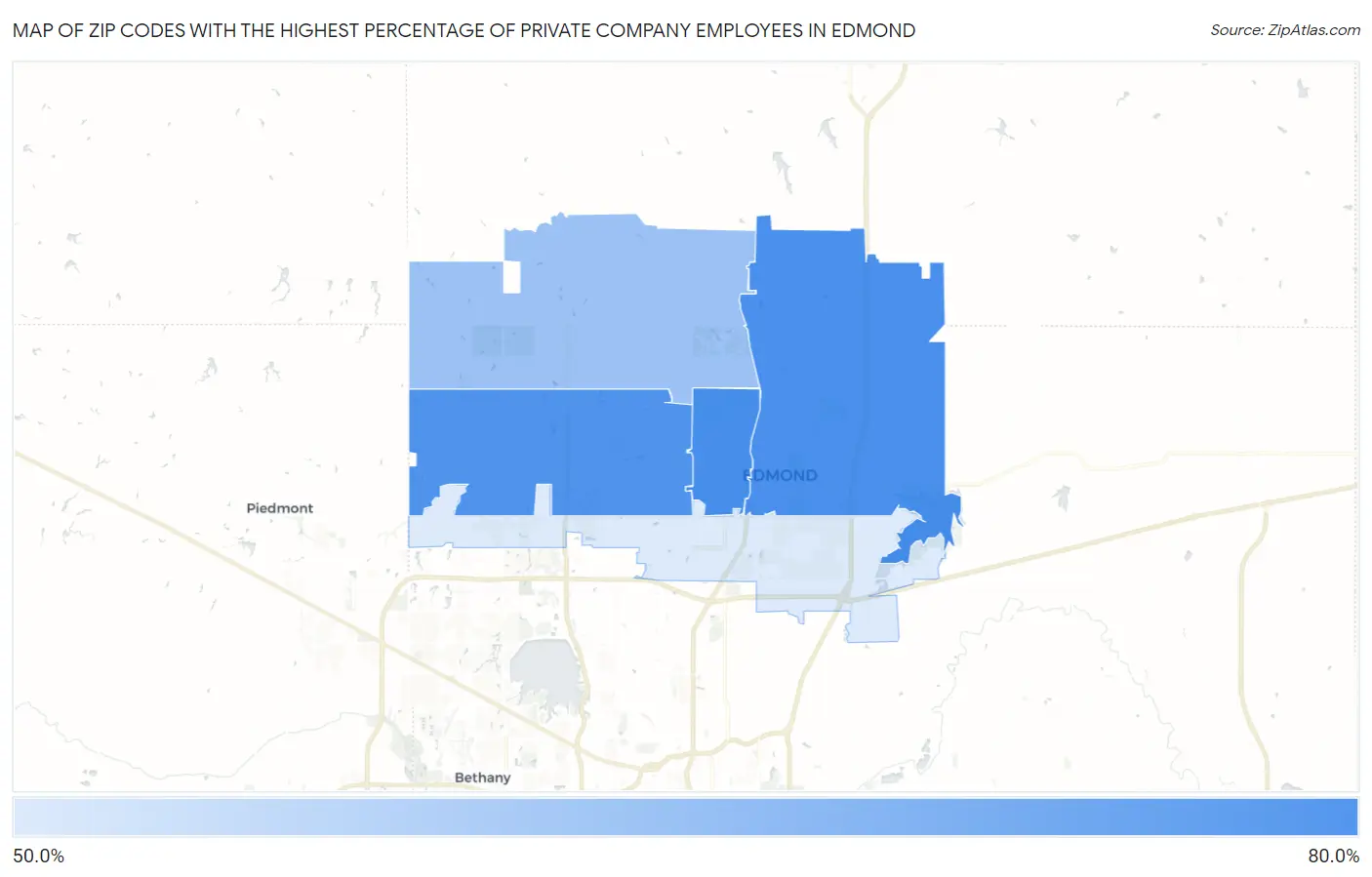 Zip Codes with the Highest Percentage of Private Company Employees in Edmond Map