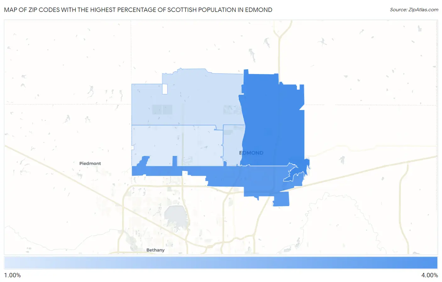 Zip Codes with the Highest Percentage of Scottish Population in Edmond Map