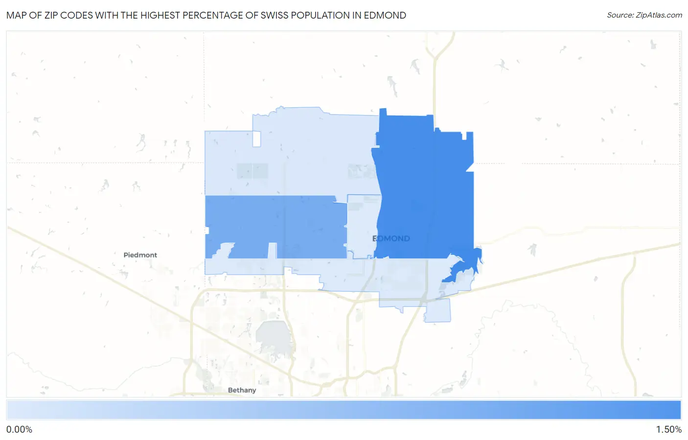 Zip Codes with the Highest Percentage of Swiss Population in Edmond Map