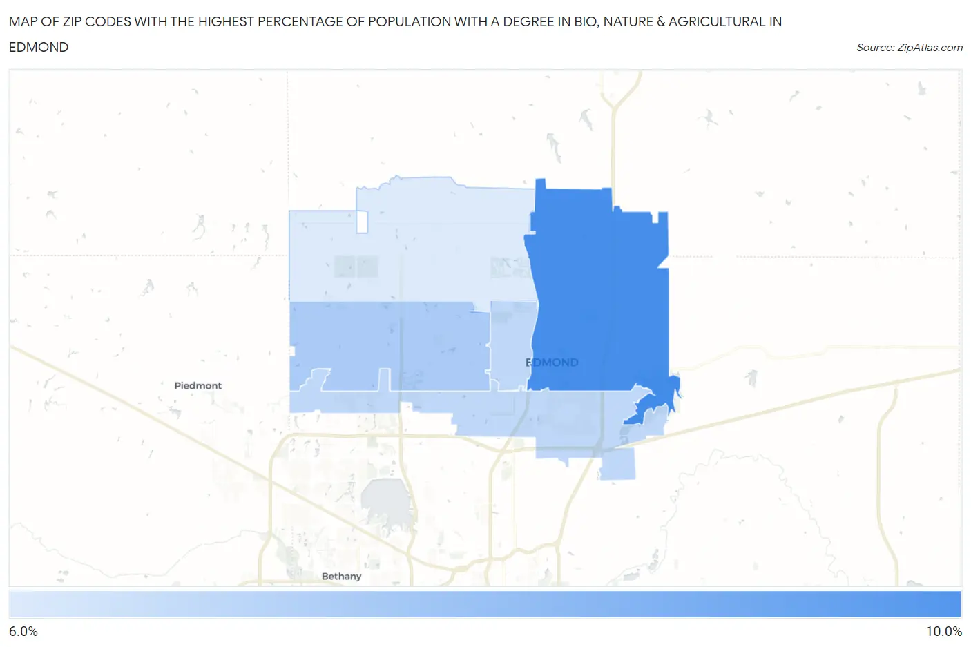 Zip Codes with the Highest Percentage of Population with a Degree in Bio, Nature & Agricultural in Edmond Map