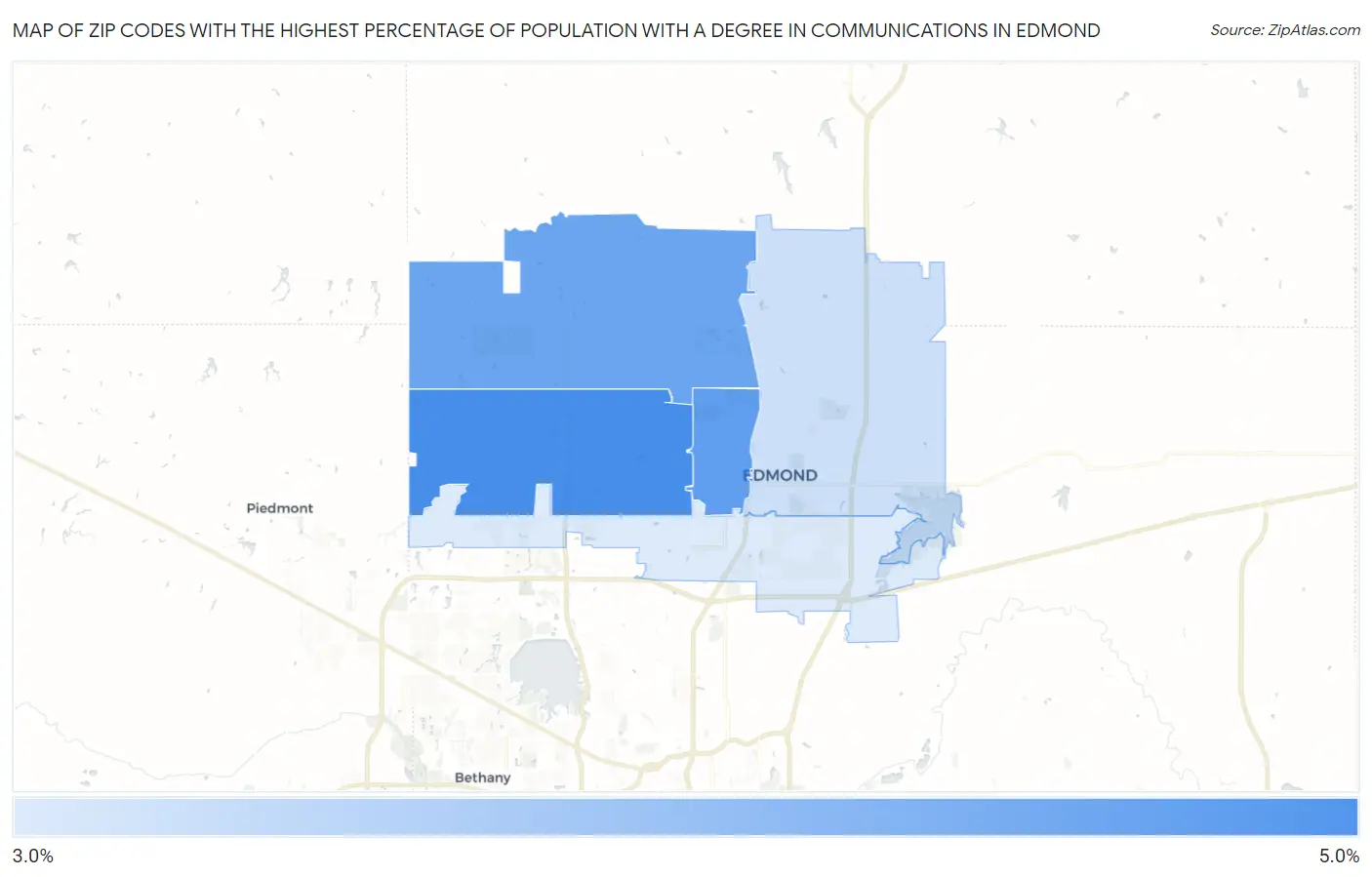 Zip Codes with the Highest Percentage of Population with a Degree in Communications in Edmond Map