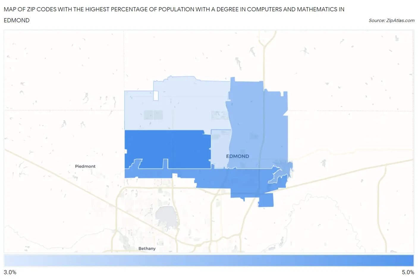 Zip Codes with the Highest Percentage of Population with a Degree in Computers and Mathematics in Edmond Map