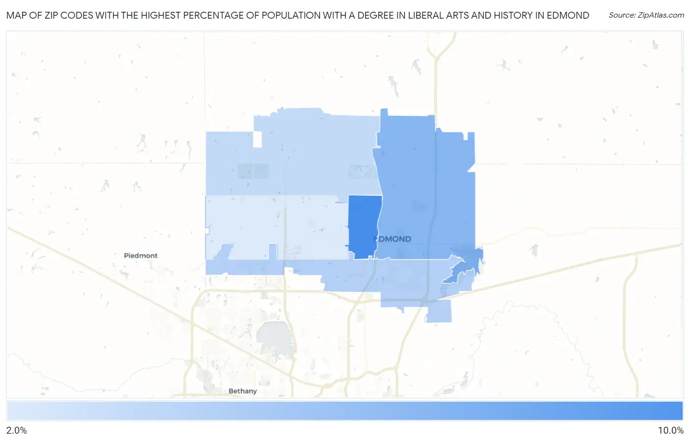 Zip Codes with the Highest Percentage of Population with a Degree in Liberal Arts and History in Edmond Map