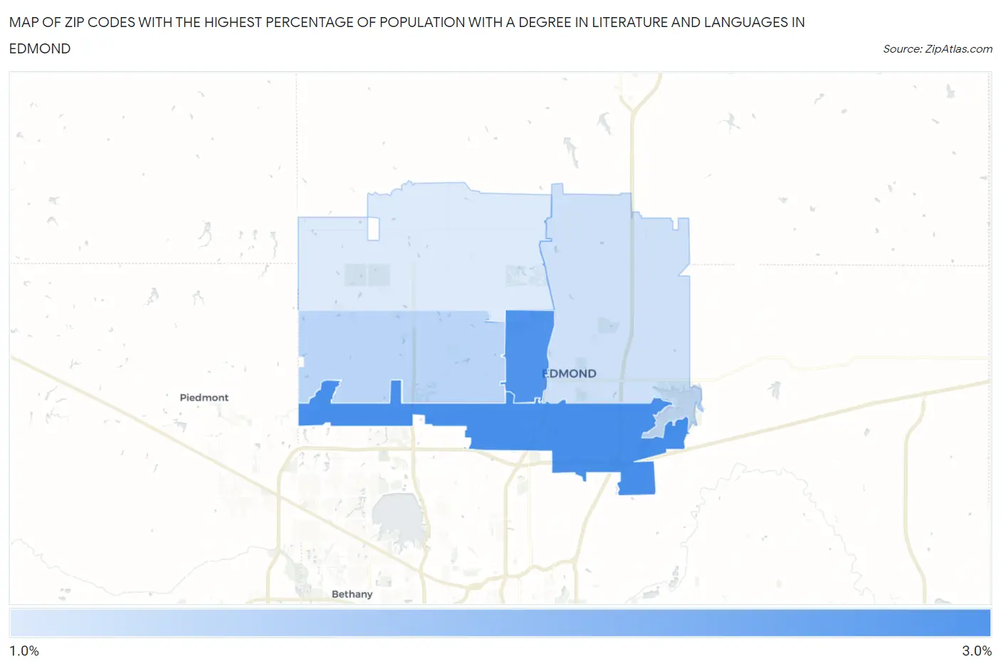 Zip Codes with the Highest Percentage of Population with a Degree in Literature and Languages in Edmond Map