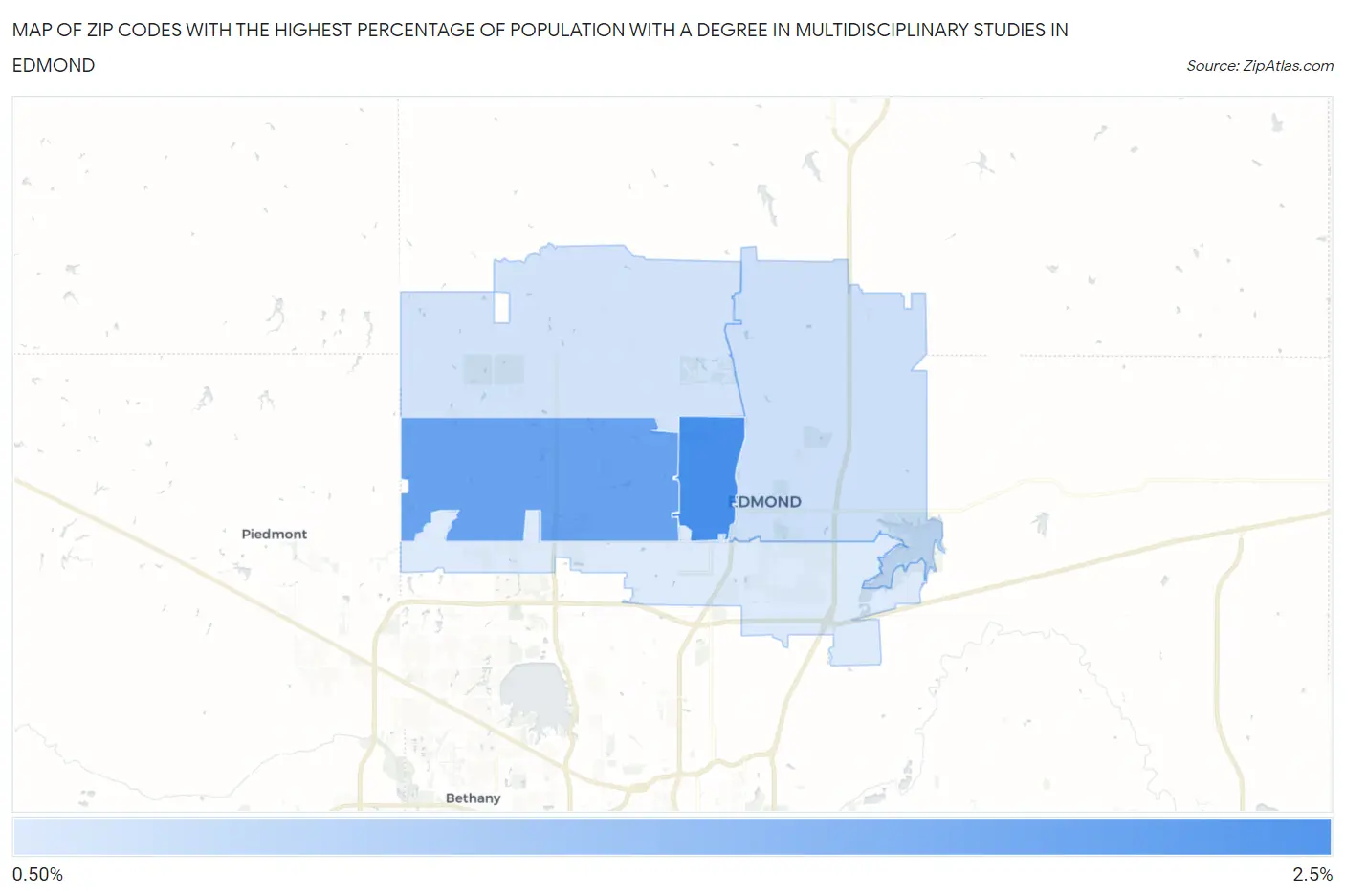 Zip Codes with the Highest Percentage of Population with a Degree in Multidisciplinary Studies in Edmond Map