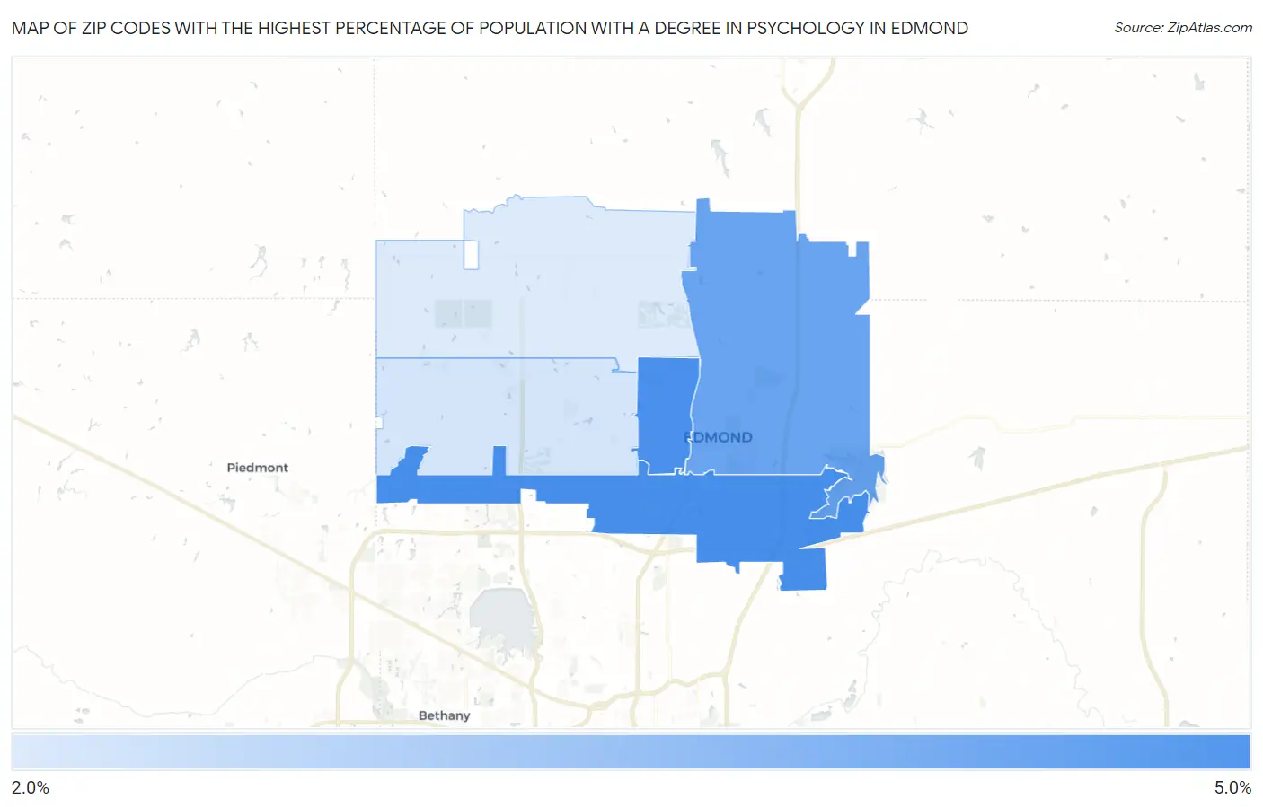 Zip Codes with the Highest Percentage of Population with a Degree in Psychology in Edmond Map