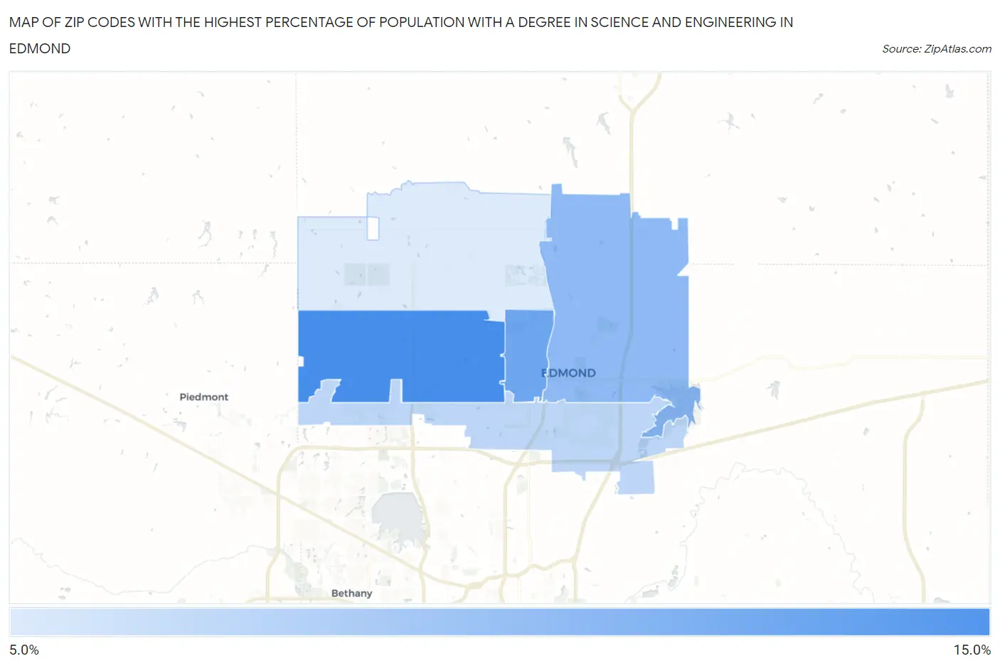 Zip Codes with the Highest Percentage of Population with a Degree in Science and Engineering in Edmond Map
