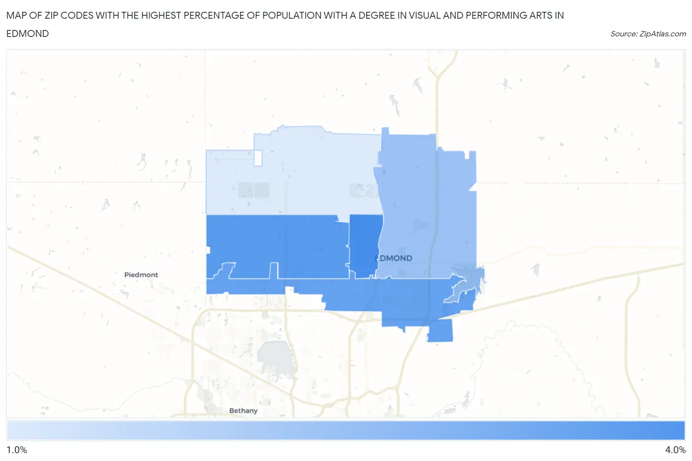 Zip Codes with the Highest Percentage of Population with a Degree in Visual and Performing Arts in Edmond Map