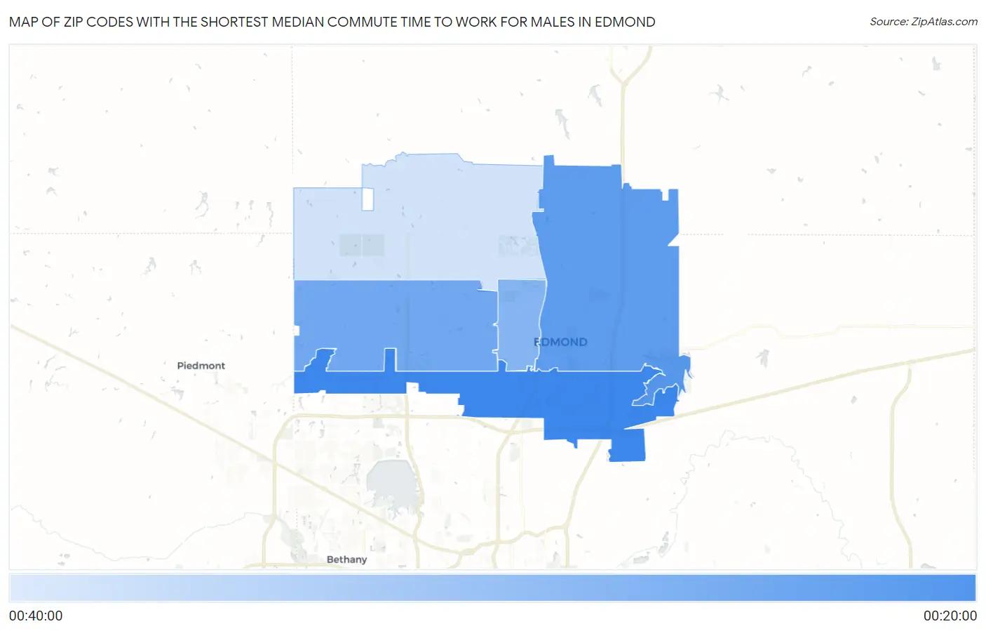 Zip Codes with the Shortest Median Commute Time to Work for Males in Edmond Map
