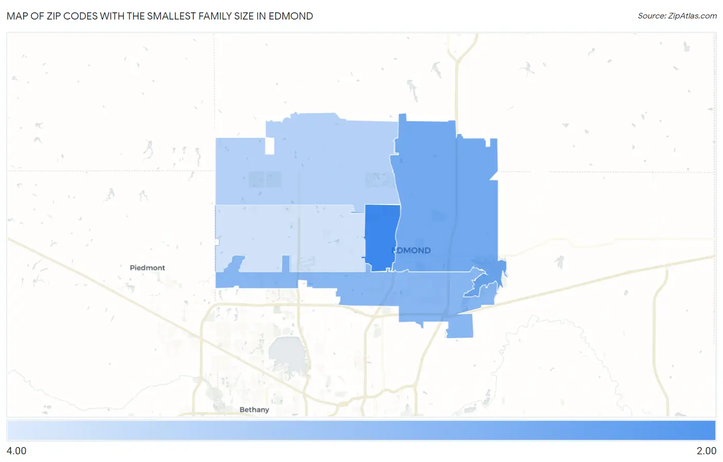 Zip Codes with the Smallest Family Size in Edmond Map