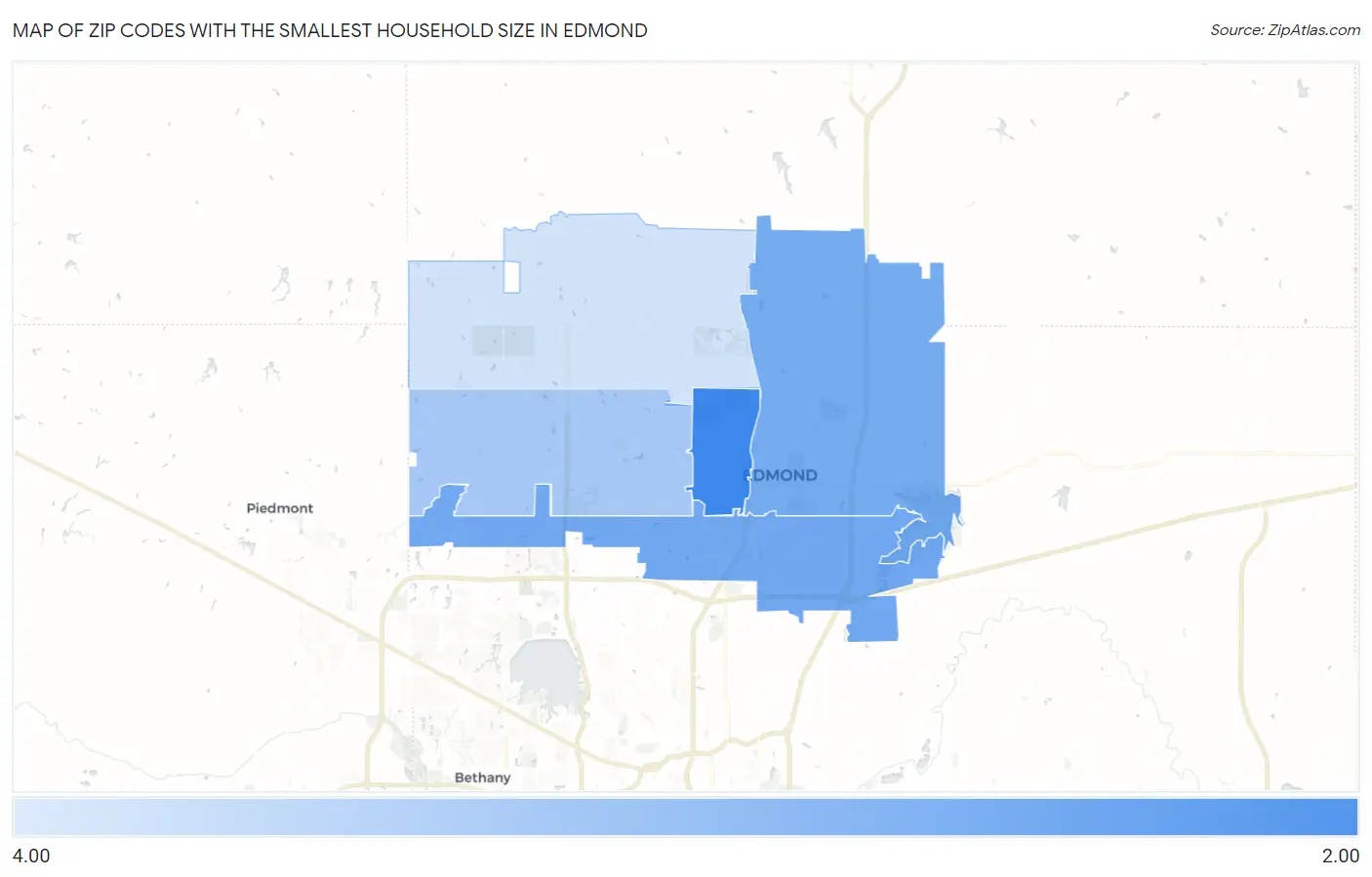 Zip Codes with the Smallest Household Size in Edmond Map