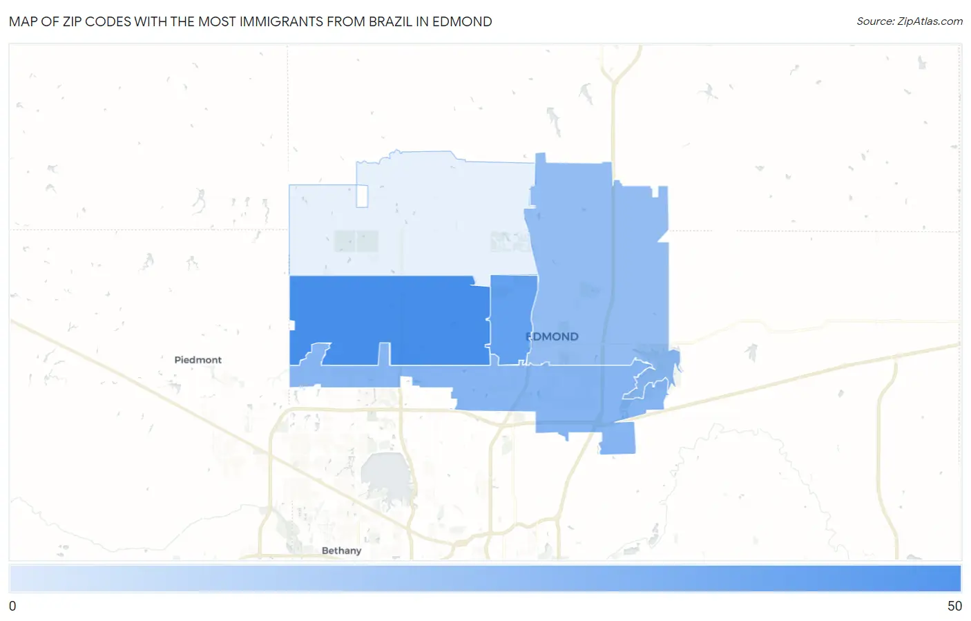 Zip Codes with the Most Immigrants from Brazil in Edmond Map