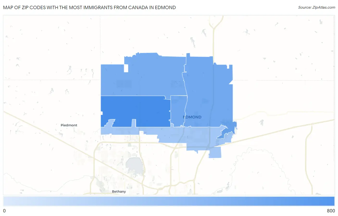 Zip Codes with the Most Immigrants from Canada in Edmond Map
