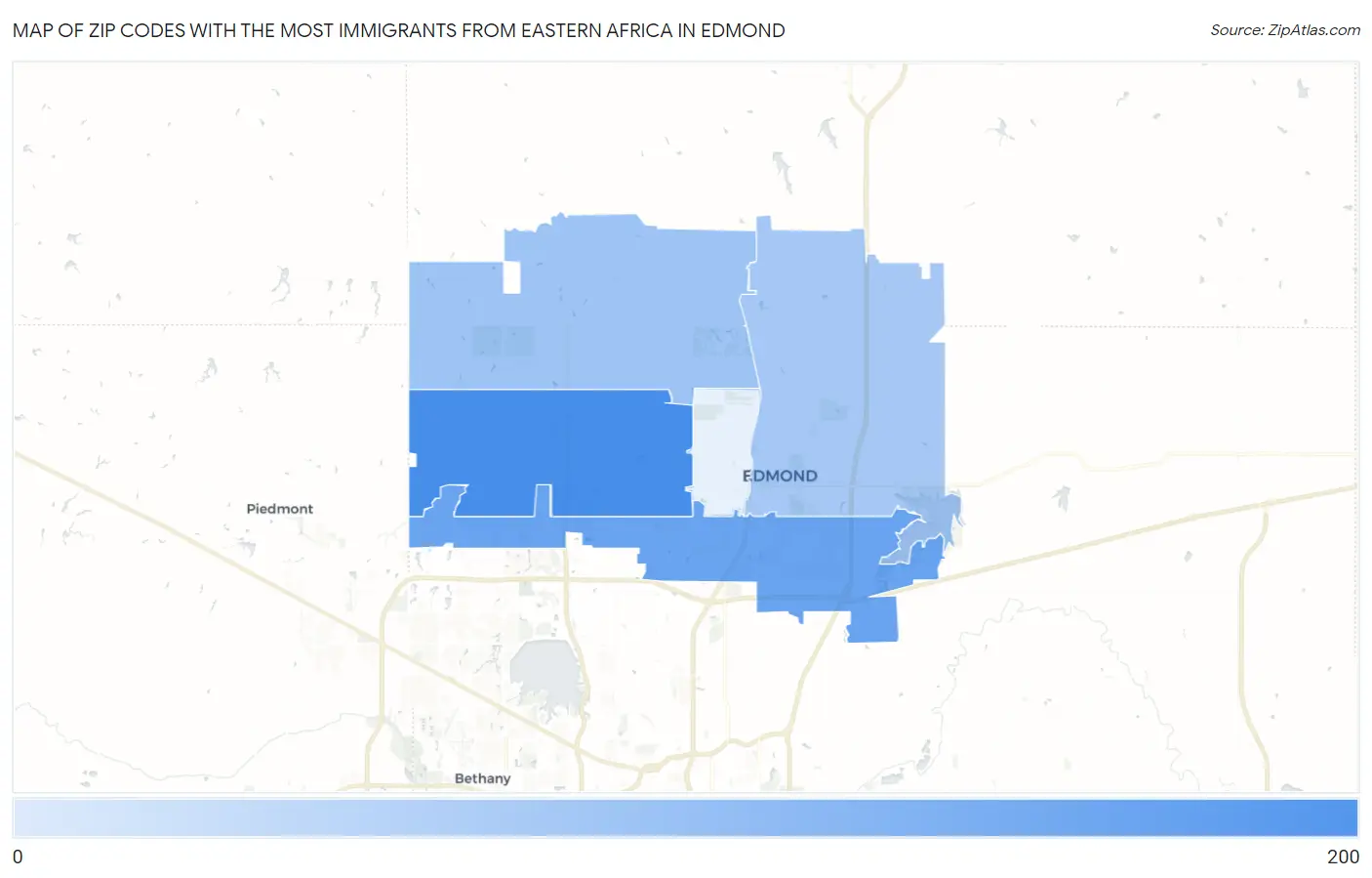 Zip Codes with the Most Immigrants from Eastern Africa in Edmond Map