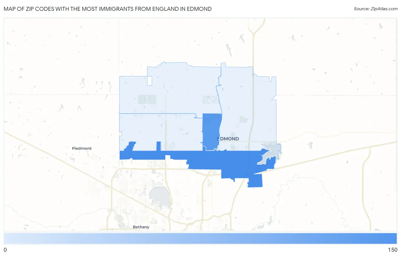 Zip Codes with the Most Immigrants from England in Edmond Map