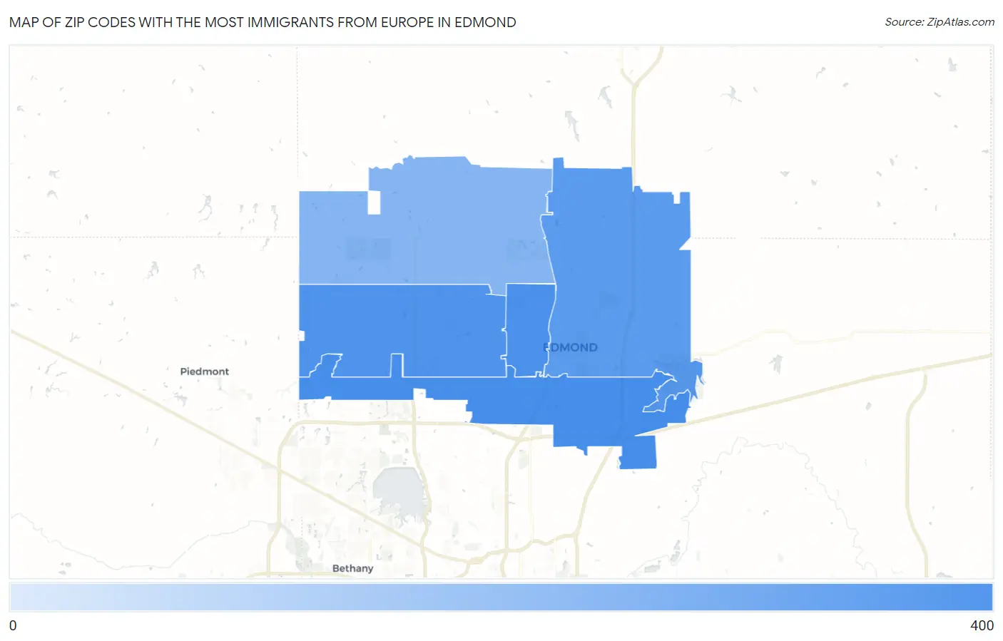 Zip Codes with the Most Immigrants from Europe in Edmond Map