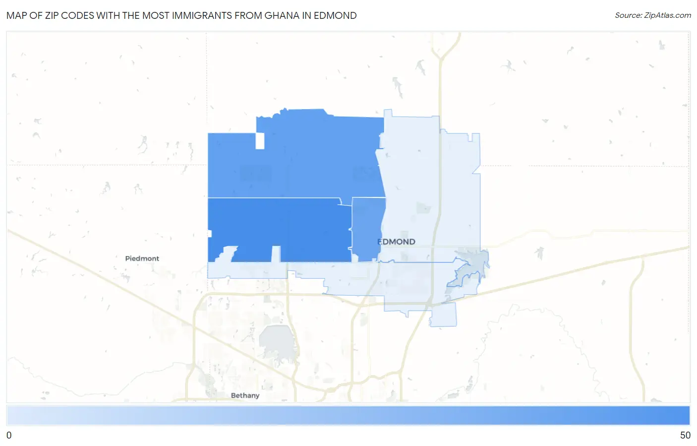 Zip Codes with the Most Immigrants from Ghana in Edmond Map