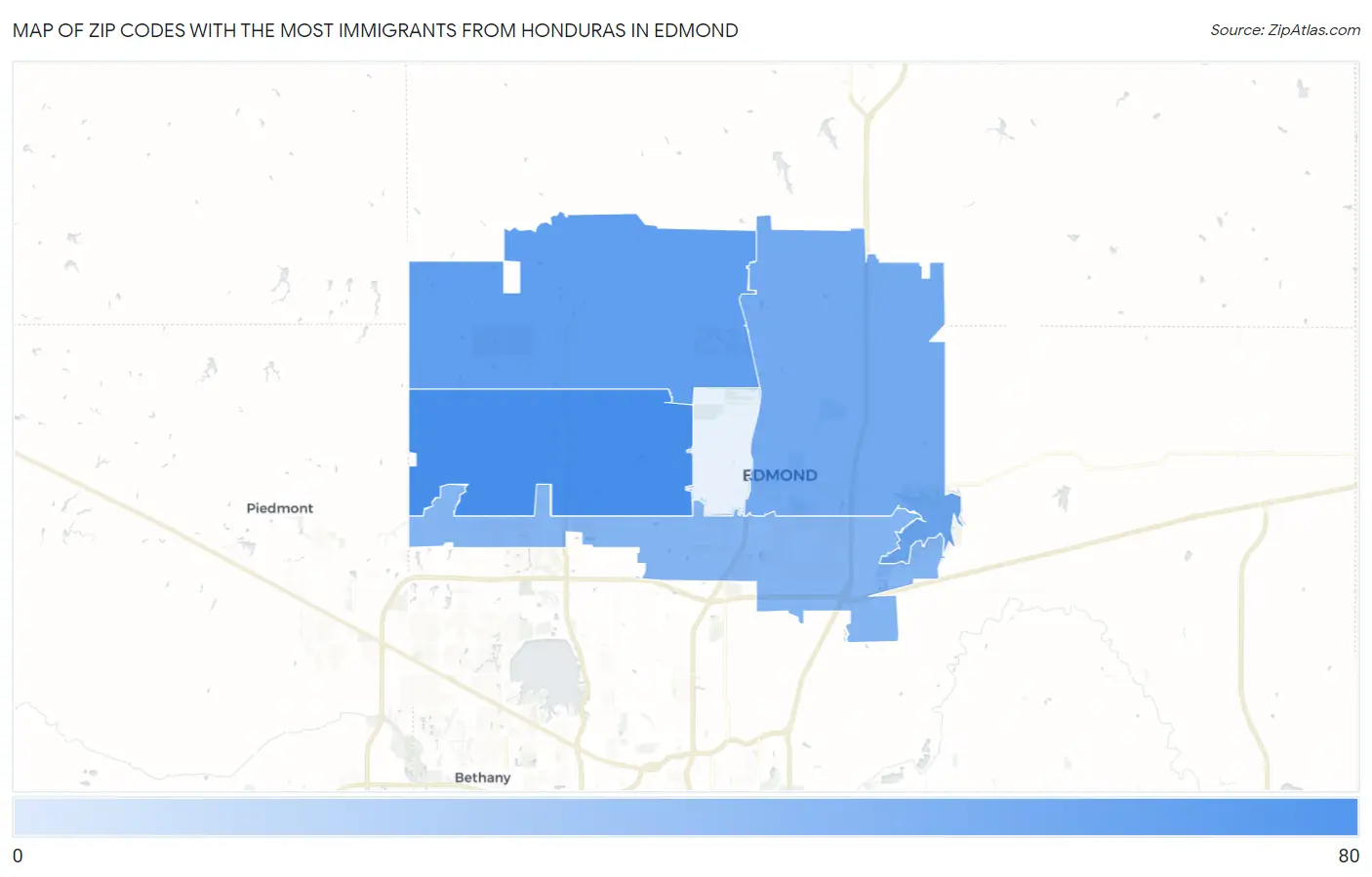 Zip Codes with the Most Immigrants from Honduras in Edmond Map