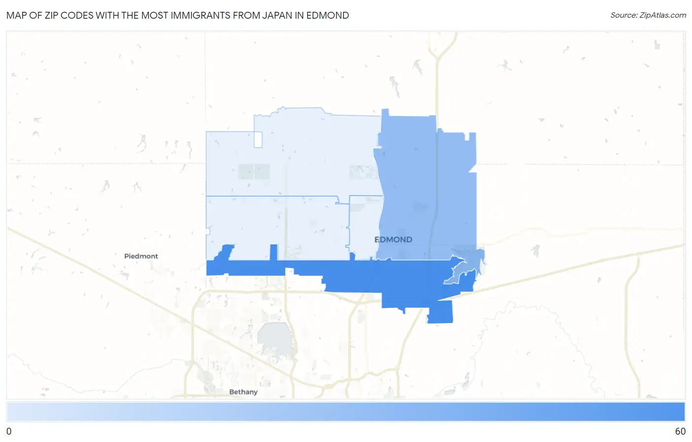 Zip Codes with the Most Immigrants from Japan in Edmond Map