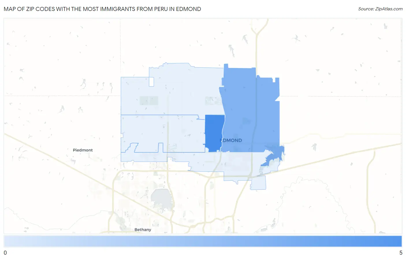 Zip Codes with the Most Immigrants from Peru in Edmond Map